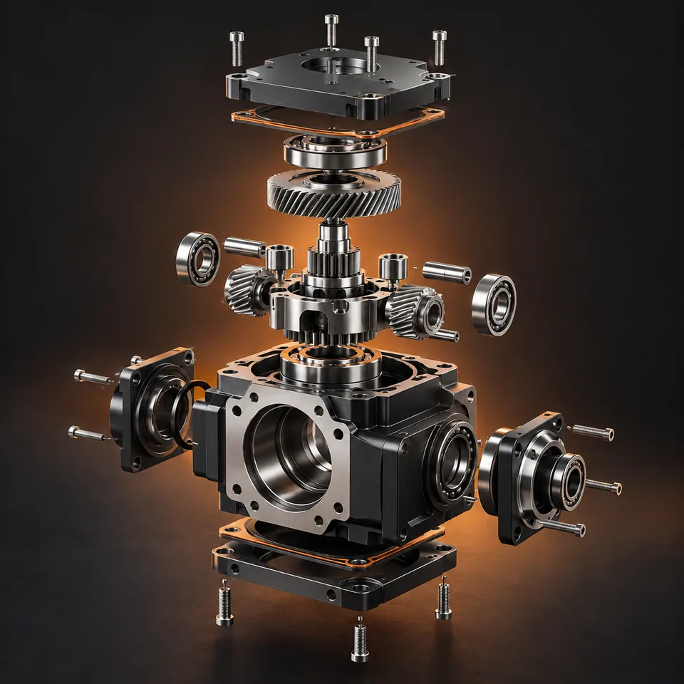 Exploded industrial gearbox visual showing product components